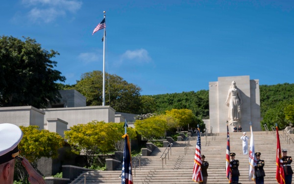 Adm. Steve Koehler, commander, U.S. Pacific Fleet, attends a wreath laying with Japan's Minister of Defense at the National Memorial of the Pacific