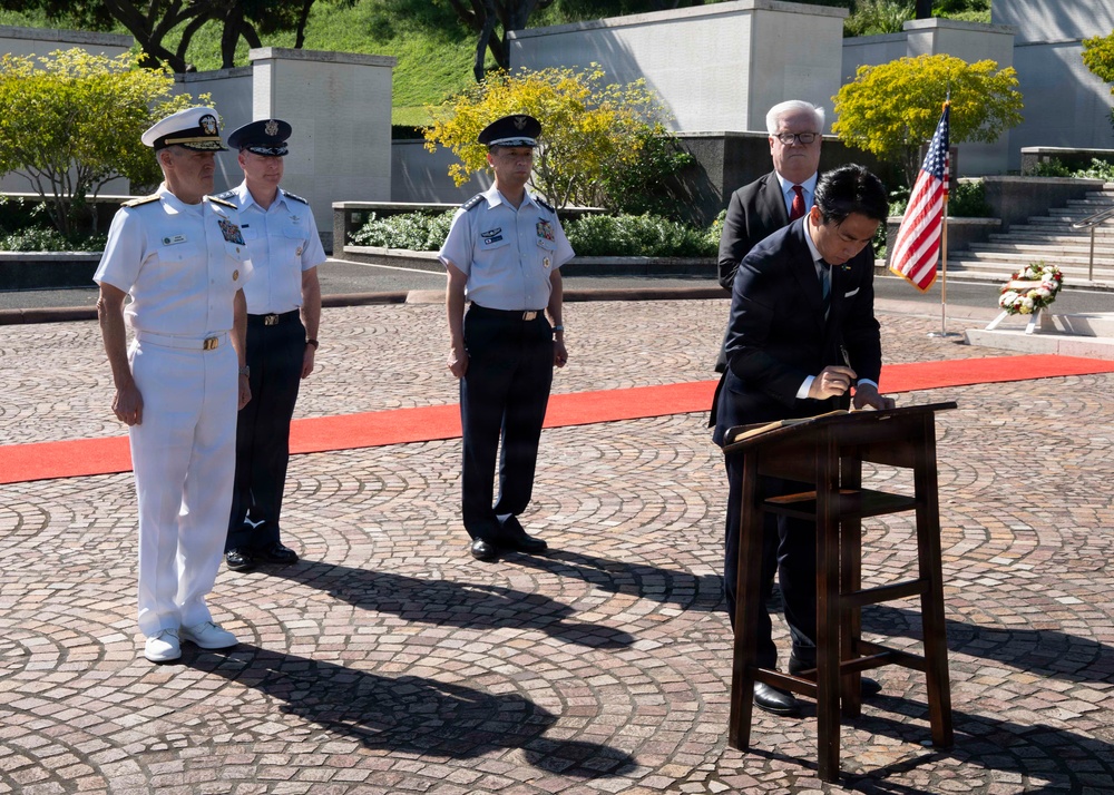 Adm. Steve Koehler, commander, U.S. Pacific Fleet, attends a wreath laying with Japan's Minister of Defense at the National Memorial of the Pacific