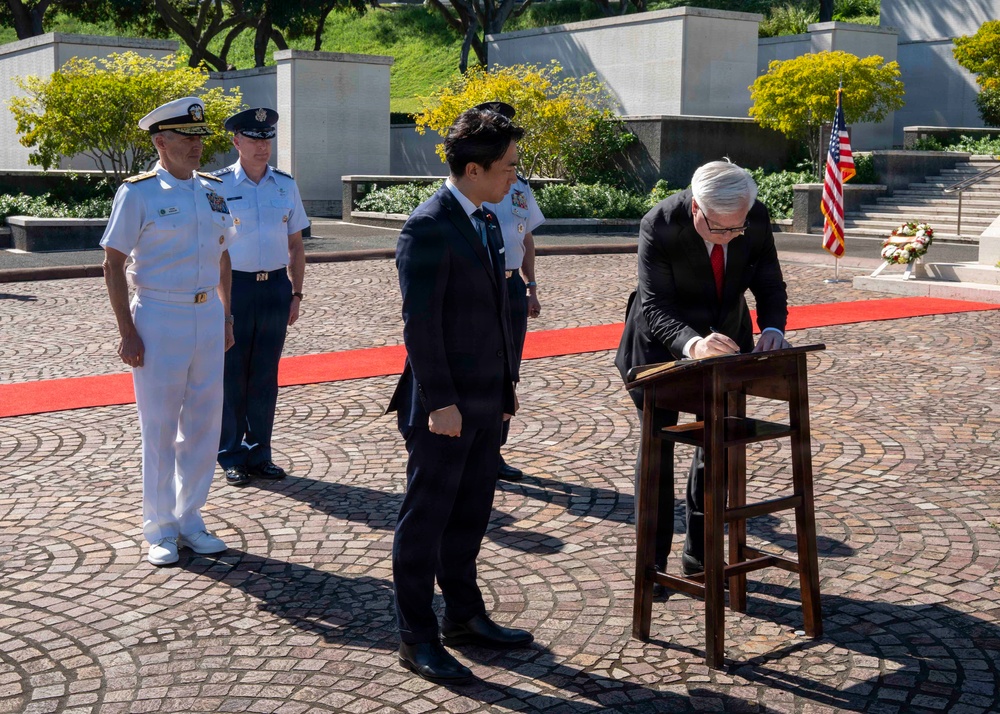 Adm. Steve Koehler, commander, U.S. Pacific Fleet, attends a wreath laying with Japan's Minister of Defense at the National Memorial of the Pacific