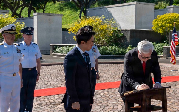 Adm. Steve Koehler, commander, U.S. Pacific Fleet, attends a wreath laying with Japan's Minister of Defense at the National Memorial of the Pacific