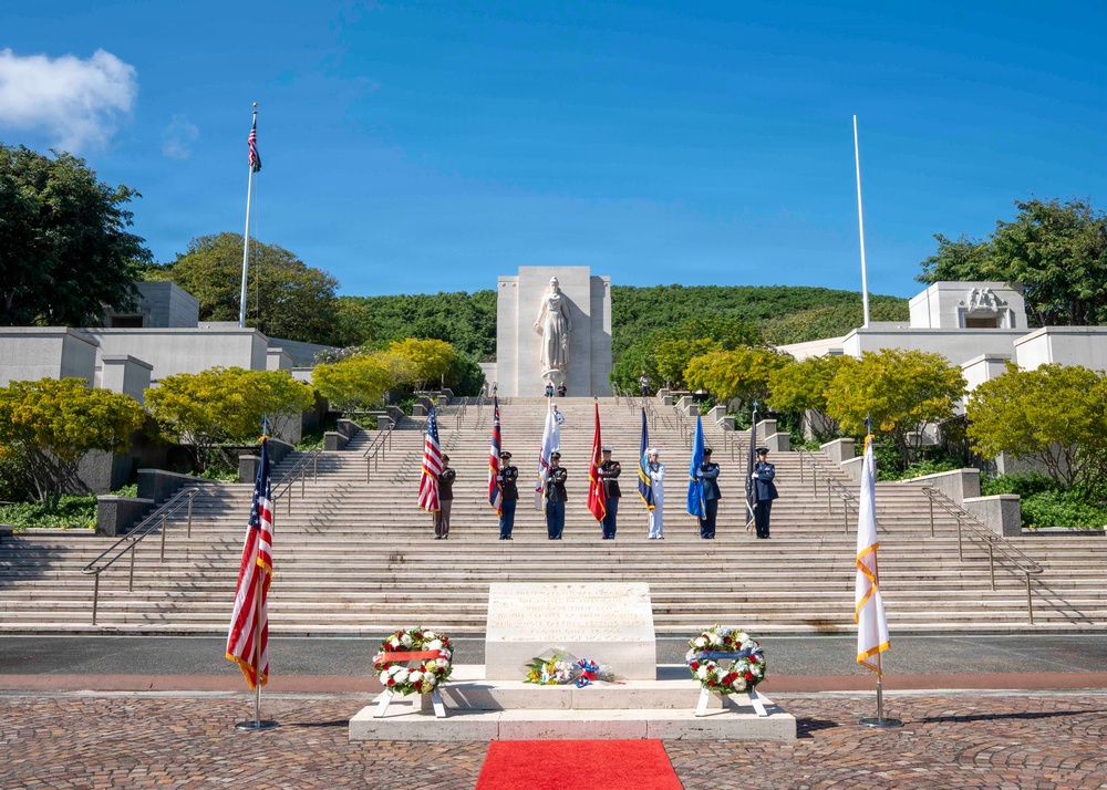 Adm. Steve Koehler, commander, U.S. Pacific Fleet, attends a wreath laying with Japan's Minister of Defense at the National Memorial of the Pacific