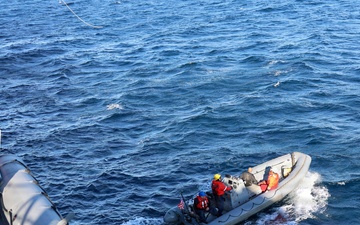Sailors aboard the USS John Finn conduct a small boat operation in Yokosuka, Japan