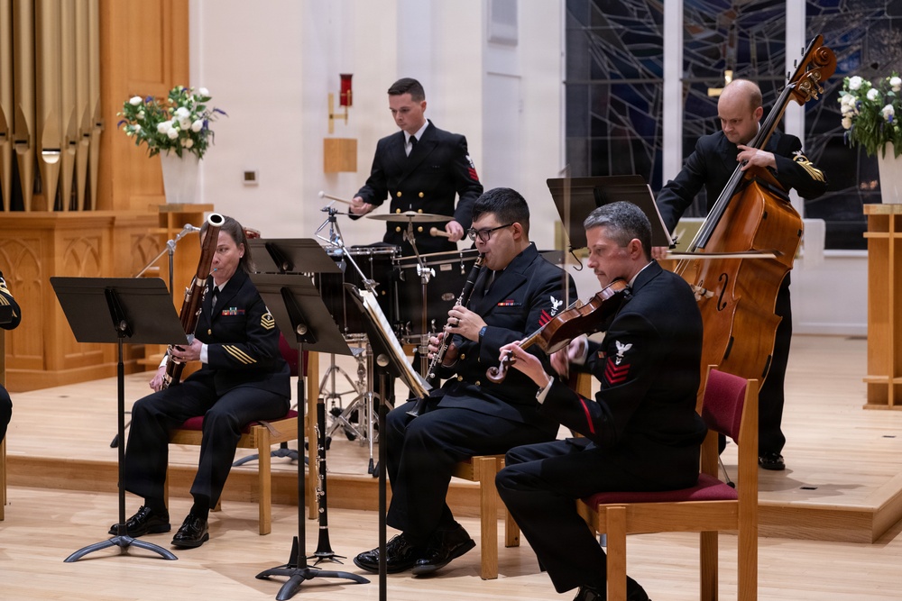 Members of the U.S. Navy Band perform in a chamber ensemble concert