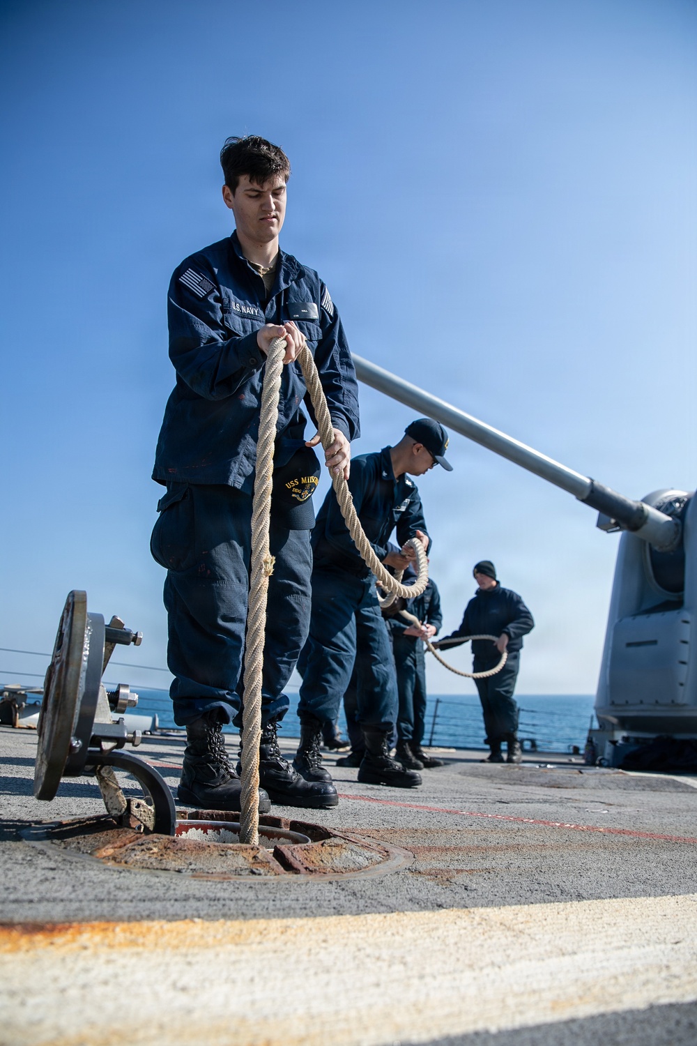 USS Mitscher (DDG 57) Sailors conduct sea and anchor evolution