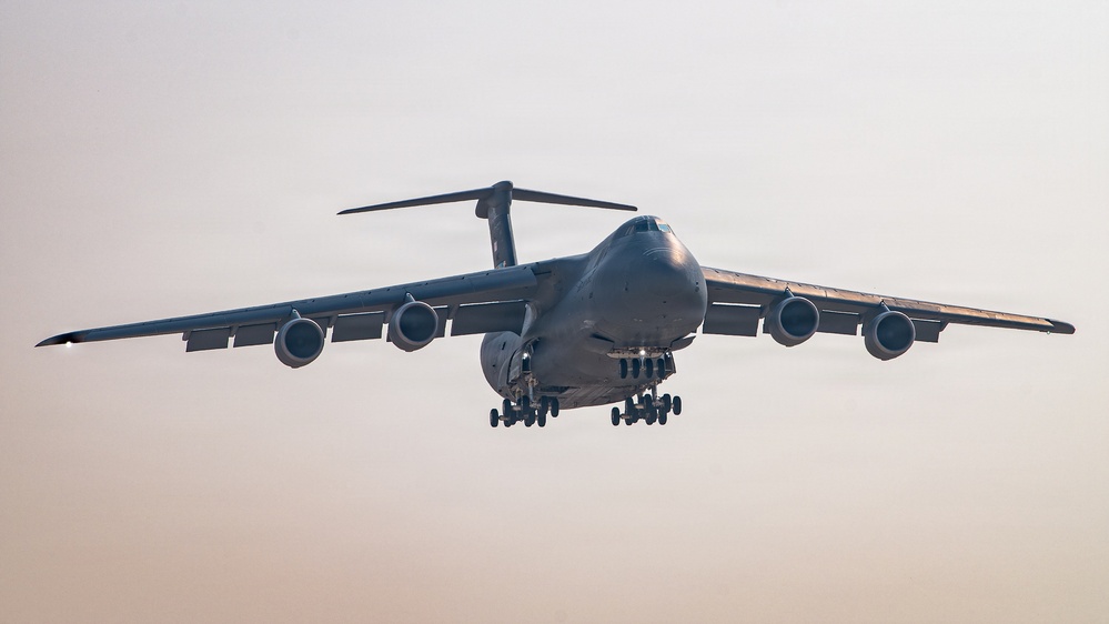 C-5M Super Galaxy aircraft landing approach within USCENTCOM area of responsibility