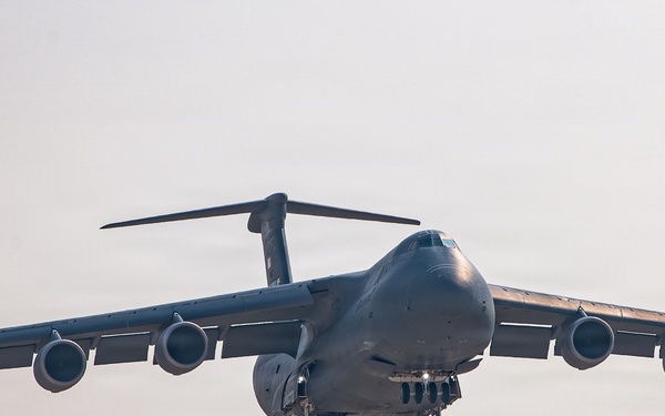 C-5M Super Galaxy aircraft landing approach within USCENTCOM area of responsibility