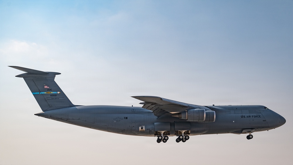 C-5M Super Galaxy aircraft landing approach within USCENTCOM area of responsibility