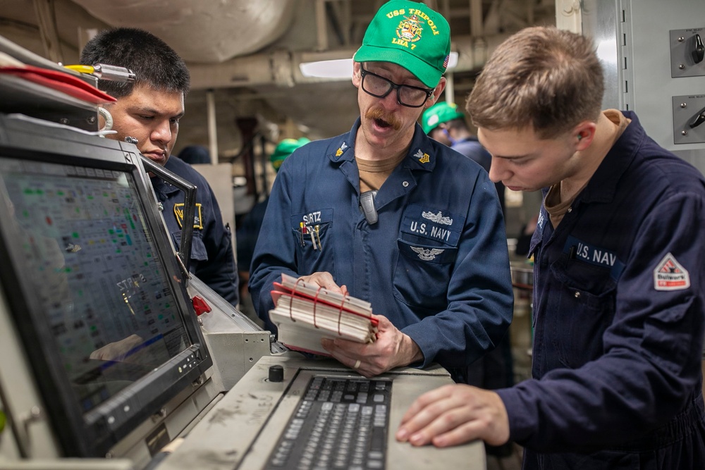 USS Tripoli Conducts Engineering Training Team Drills