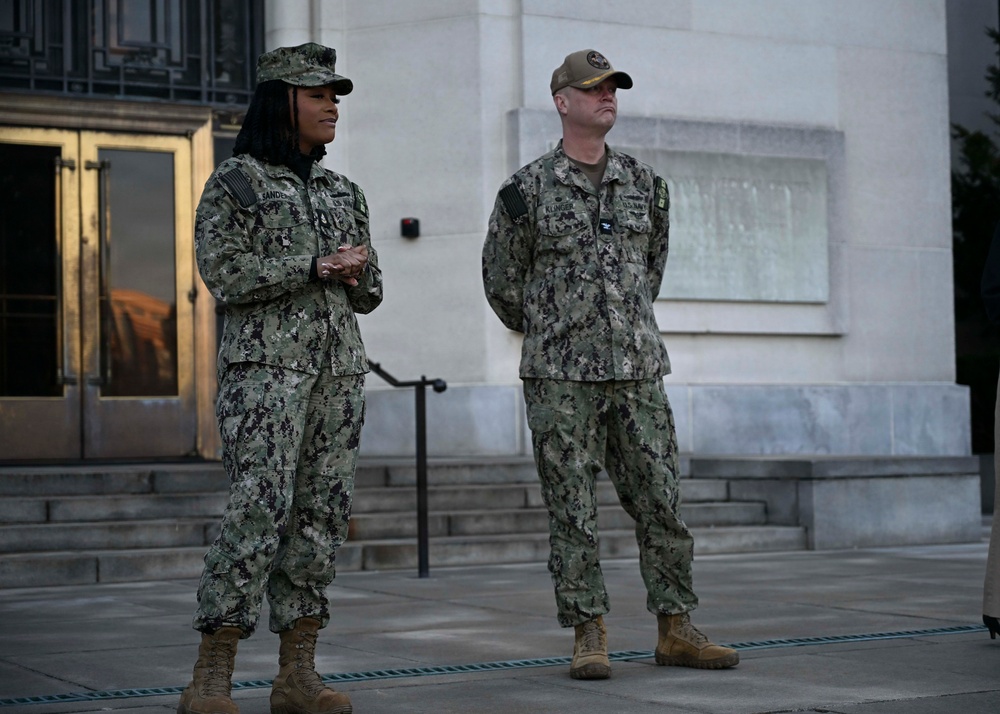 NMRTC Bethesda's Chief Hospital Corpsman Tyrieka Sanders address Sailors as the acting Command Master Chief