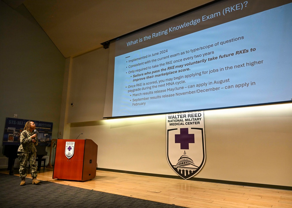 HMCM Ebonee Jarrell, deputy command master chief at NMRTC Bethesda, gives Billet Based Advancement training