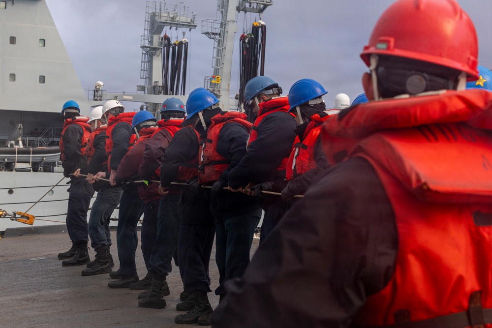 USS Bulkeley performs a replenishment at sea with RFA Tideforce (A139), Jan. 8, 2026
