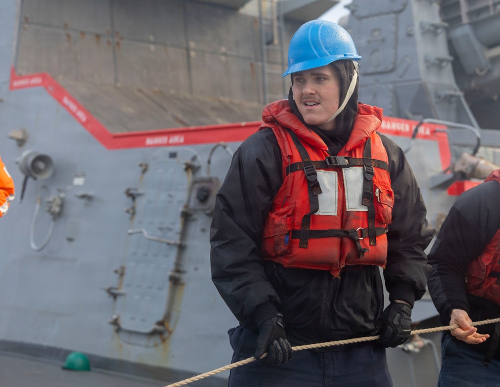 USS Bulkeley performs a replenishment at sea with RFA Tideforce (A139), Jan. 8, 2026