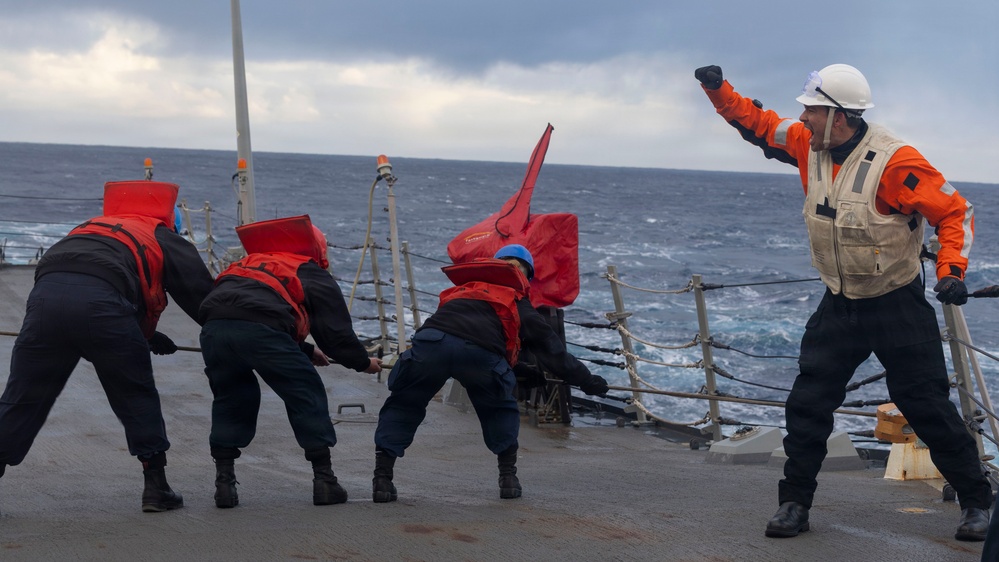 USS Bulkeley performs a replenishment at sea with RFA Tideforce (A139), Jan. 8, 2026
