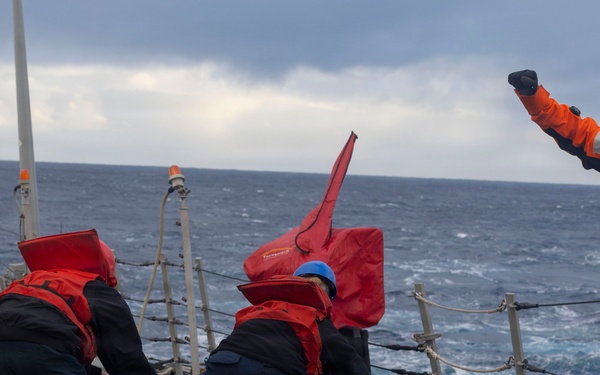 USS Bulkeley performs a replenishment at sea with RFA Tideforce (A139), Jan. 8, 2026
