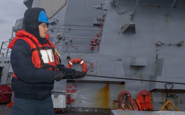 USS Bulkeley performs a replenishment at sea with RFA Tideforce (A139), Jan. 9, 2026