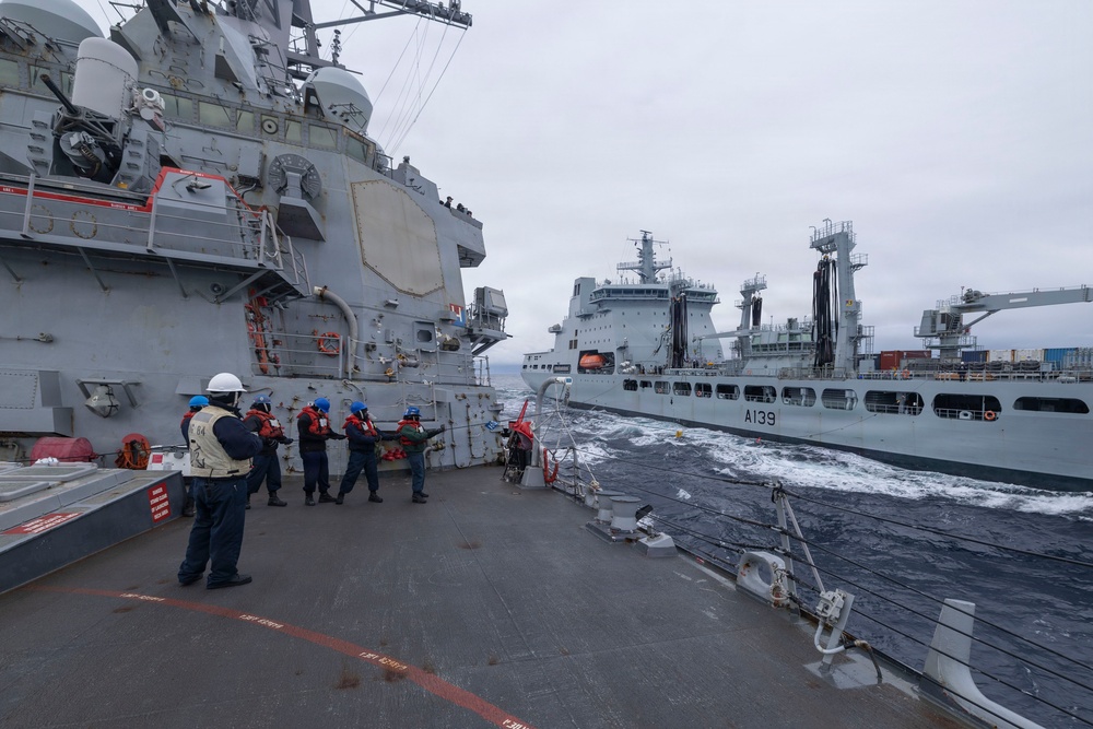 USS Bulkeley performs a replenishment at sea with RFA Tideforce (A139), Jan. 9, 2026