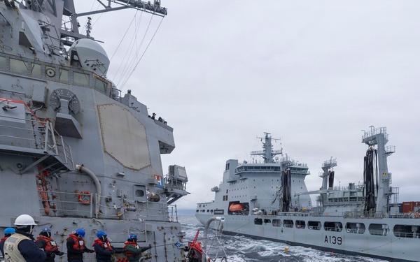 USS Bulkeley performs a replenishment at sea with RFA Tideforce (A139), Jan. 9, 2026