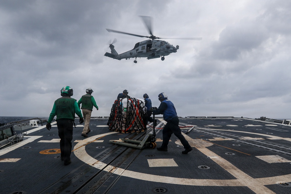 Frank E. Petersen Jr. conducts vertical replenishment-at-sea