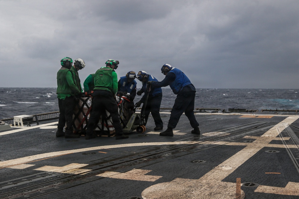 Frank E. Petersen Jr. conducts vertical replenishment-at-sea