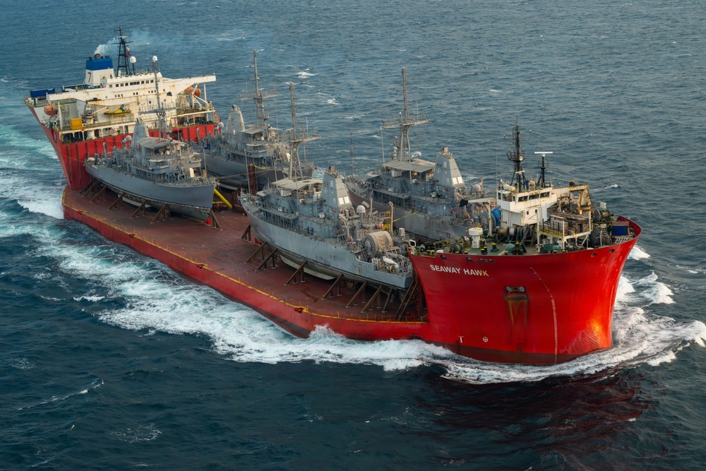 Merchant Vessel Transports Decommissioned U.S. Navy Avenger-class Mine Countermeasures Ships