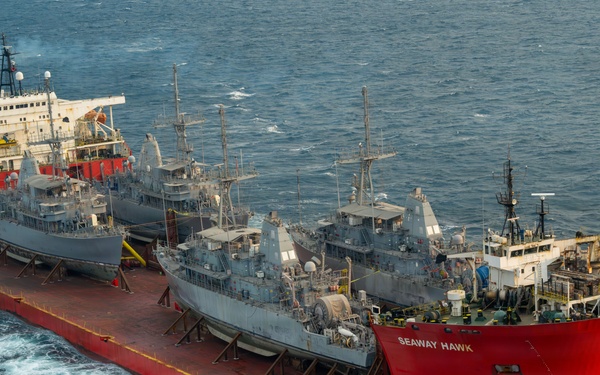 Merchant Vessel Transports Decommissioned U.S. Navy Avenger-class Mine Countermeasures Ships