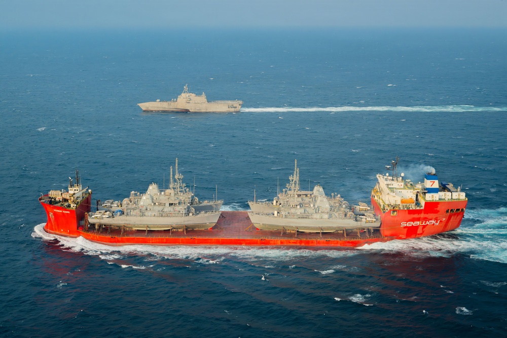 Merchant Vessel Transports Decommissioned U.S. Navy Avenger-class Mine Countermeasures Ships