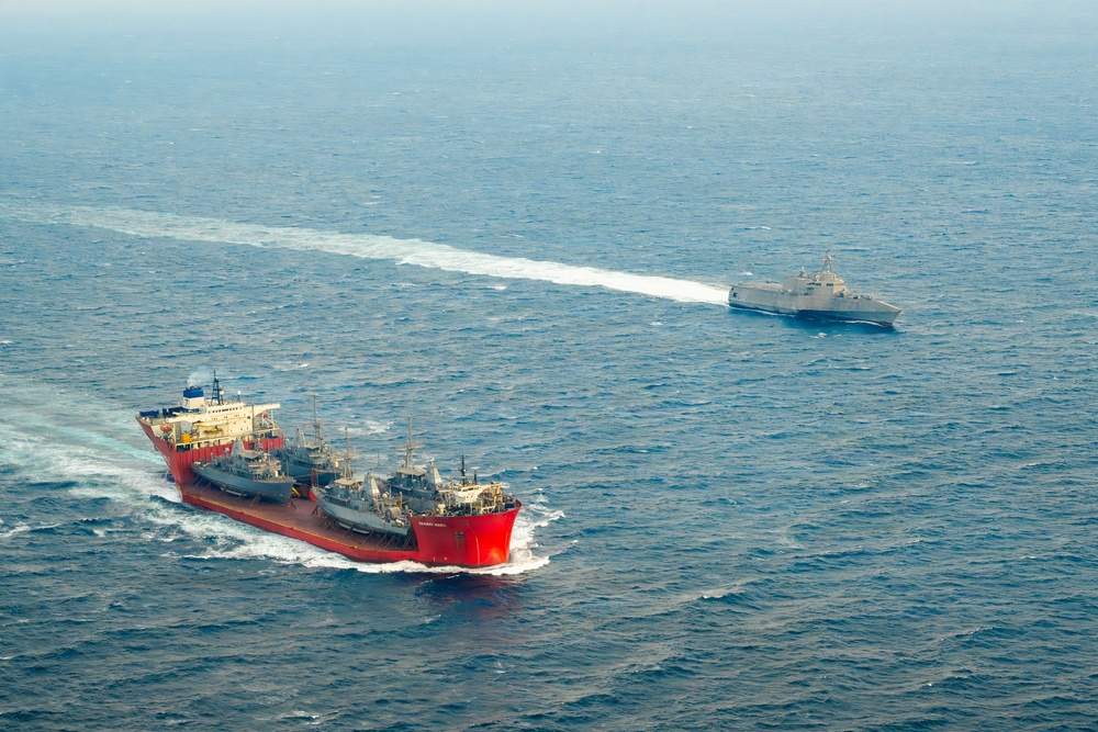 Merchant Vessel Transports Decommissioned U.S. Navy Avenger-class Mine Countermeasures Ships