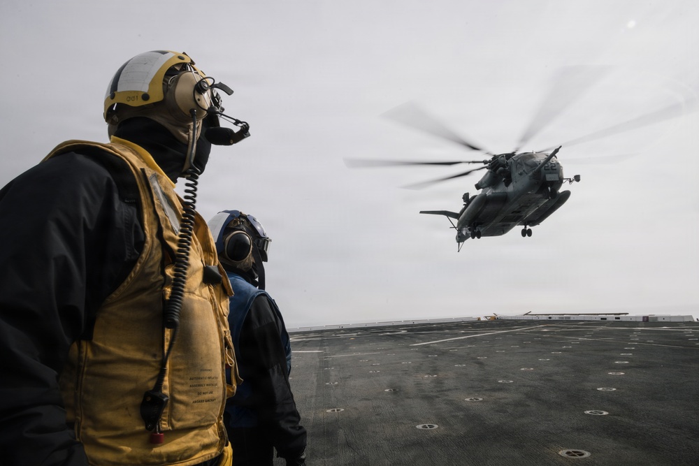 11th MEU Marines and Sailors conduct flight deck operations aboard USS Portland