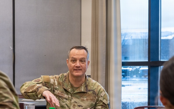 Chief Master Sgt. Josh Moore, command chief of the Air National Guard visits the 140th Wing