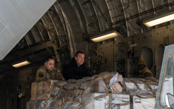 332nd Expeditionary Logistics Readiness Squadron loads pallets on C-17