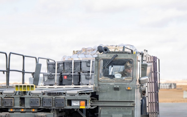 332nd Expeditionary Logistics Readiness Squadron loads pallets on C-17