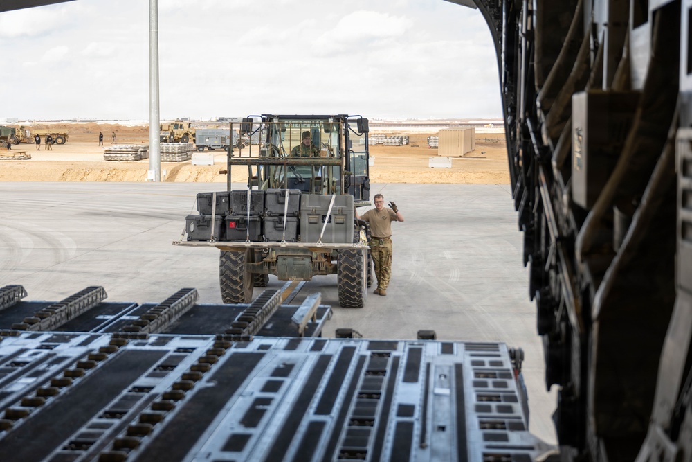 332nd Expeditionary Logistics Readiness Squadron loads pallets on C-17