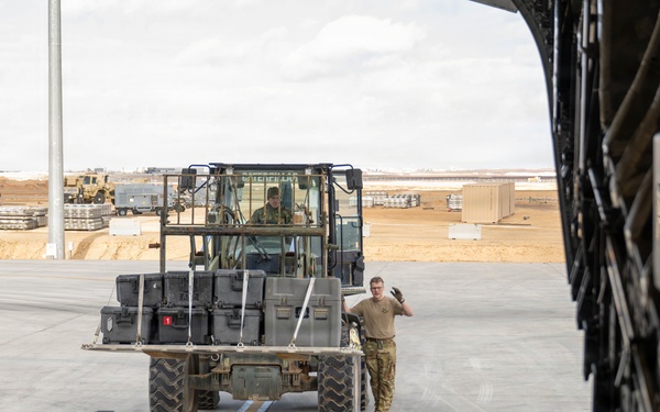 332nd Expeditionary Logistics Readiness Squadron loads pallets on C-17