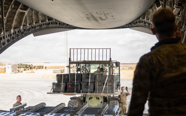 332nd Expeditionary Logistics Readiness Squadron loads pallets on C-17