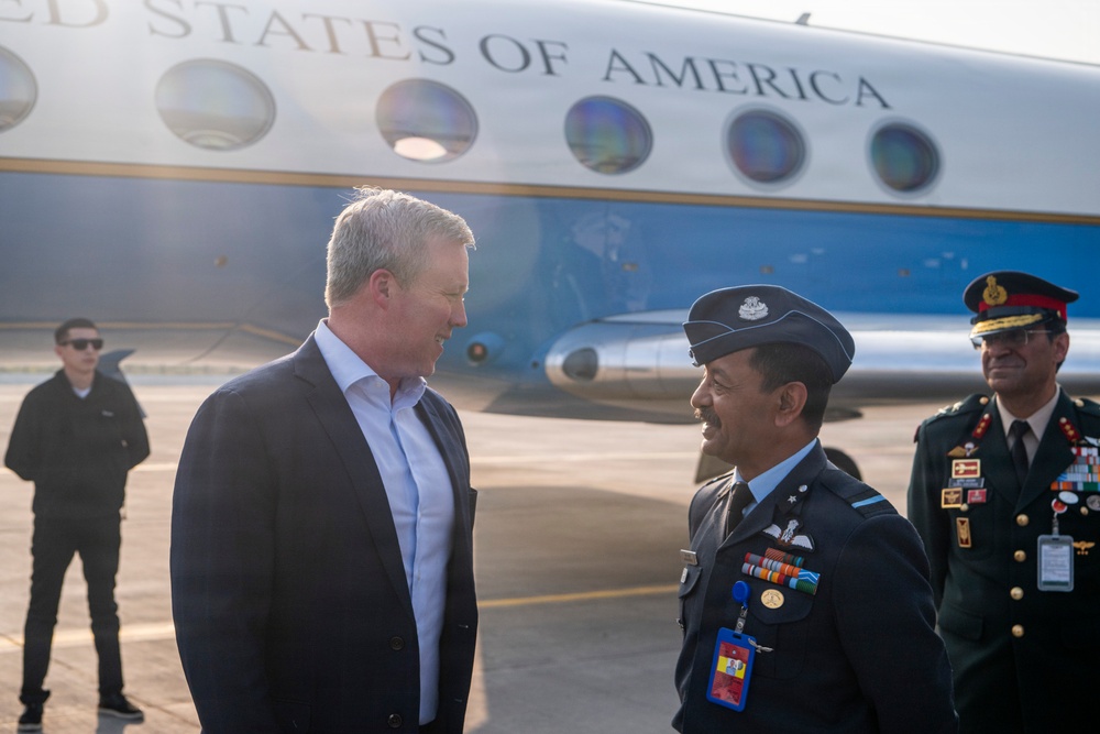 Secretary of the Army, Hon. Dan Driscoll, meets with the U.S. Ambassador to India, Hon. Sergio Gor, during an official visit to New Delhi, India.