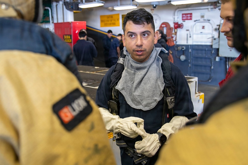 USS Tripoli Conducts a Main Space Fire Drill