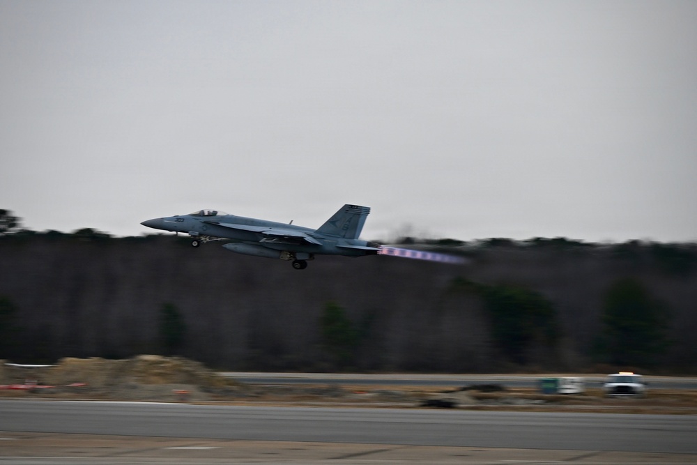 F/A-18E takes off from NAS Oceana's flight line
