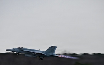 F/A-18E takes off from NAS Oceana's flight line