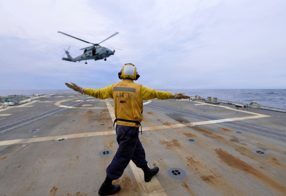 Helicopter Maritime Strike Squadron (HSM) 79, USS Roosevelt (DDG 80) Conduct Flight Operations During MOB-A Certification in the Mediterranean Sea