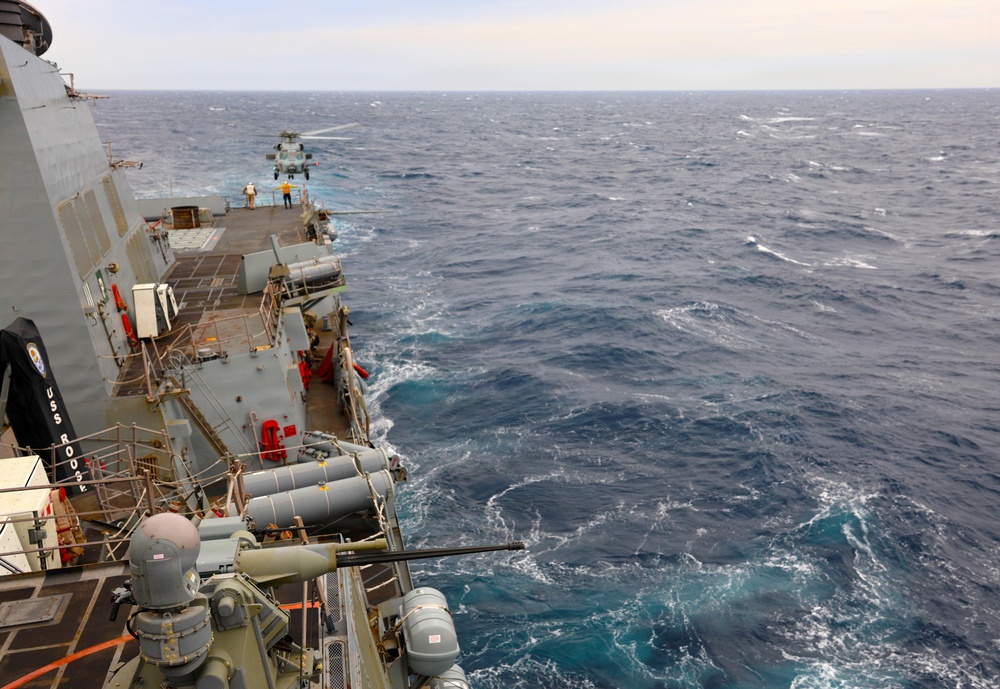 Helicopter Maritime Strike Squadron (HSM) 79, USS Roosevelt (DDG 80) Conduct Flight Operations During MOB-A Certification in the Mediterranean Sea