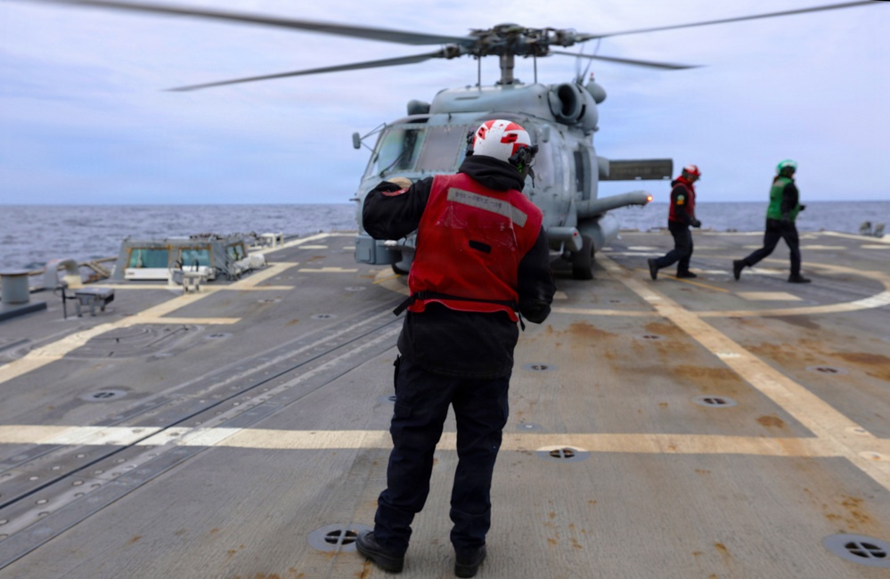 Helicopter Maritime Strike Squadron (HSM) 79, USS Roosevelt (DDG 80) Conduct Flight Operations During MOB-A Certification in the Mediterranean Sea