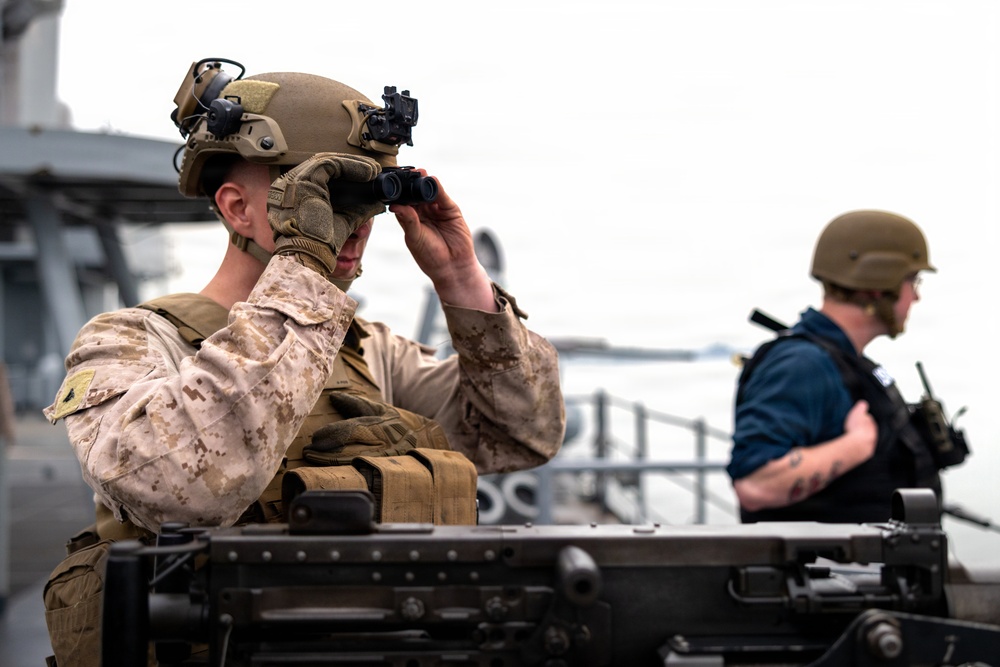 11th MEU Marines, Sailors Conduct a Defense of the Amphibious Task Force Drill Aboard USS Comstock