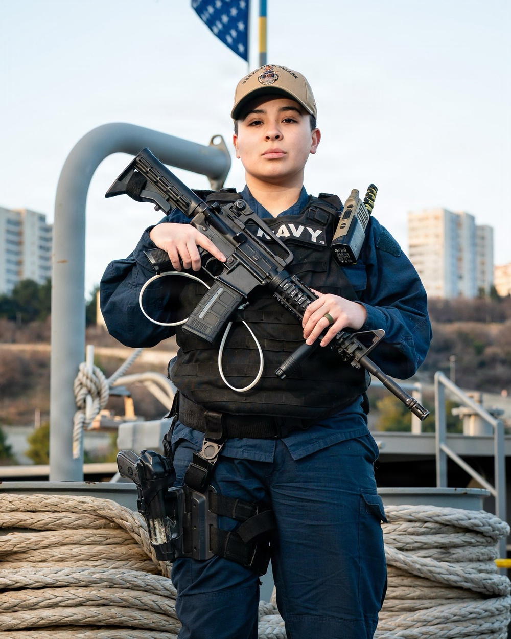 Retail Specialist Third Class Petty Officer Maria Vargas stands an Anti-Terrorism Force Protection watch