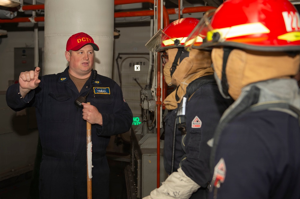 Damage control drill conducted aboard USS Blue Ridge