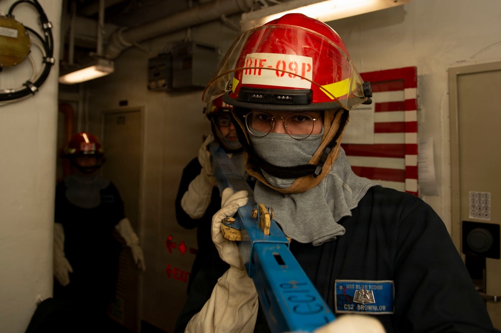 Damage control drill conducted aboard USS Blue Ridge