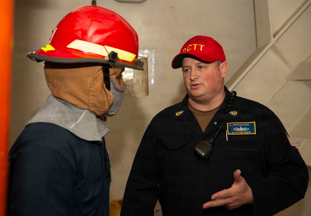 Damage control drill conducted aboard USS Blue Ridge