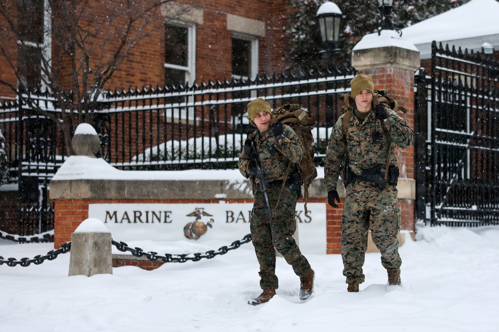 Guard Company Marines Depart Post Amid Winter Storm at Marine Barracks Washington