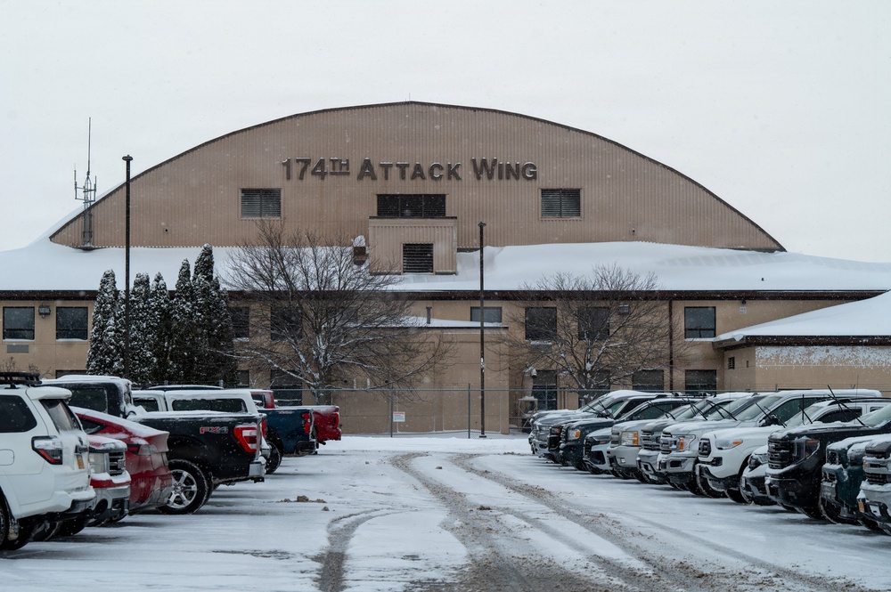 Winter snow covers the 174th Attack Wing
