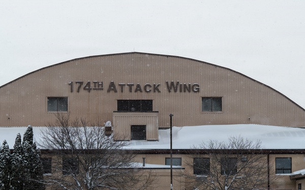 Winter snow covers the 174th Attack Wing