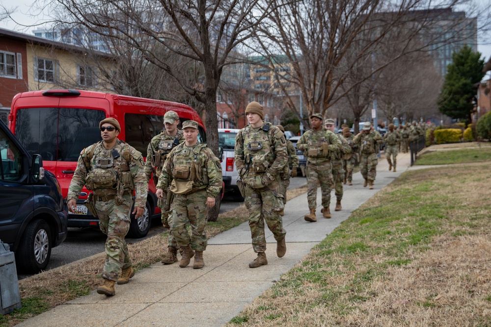 Mississippi National Guard service members arrive to render honors during a funeral escort in Washington, D.C.